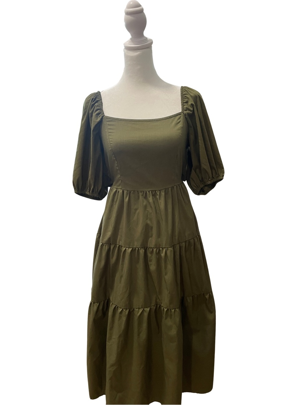 Square Neck Olive Tiered Midi Dress with Puff Sleeves